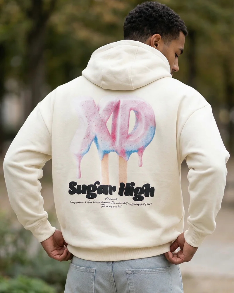 بيواكوف Men's Gardenia Sugar High Typography Oversized Hoodies